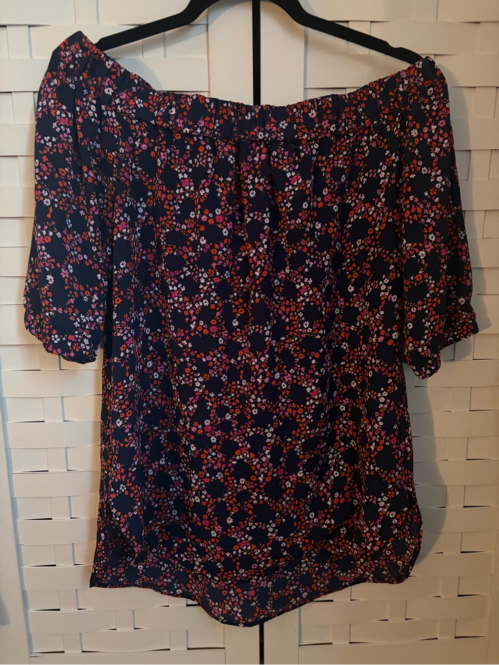 MICHAEL Michael Kors Navy Off-Shoulder Top with Pink & Red Floral Print